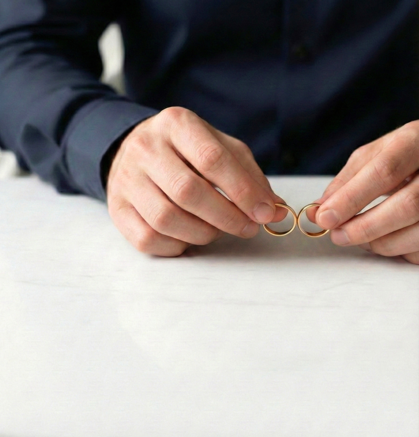 Hände halten zwei Eheringe in der Hand.